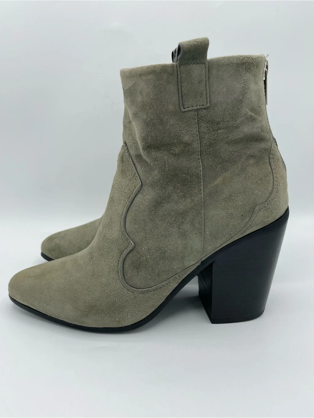 RAYE Olive Suede Ankle Booties with Block Heel
